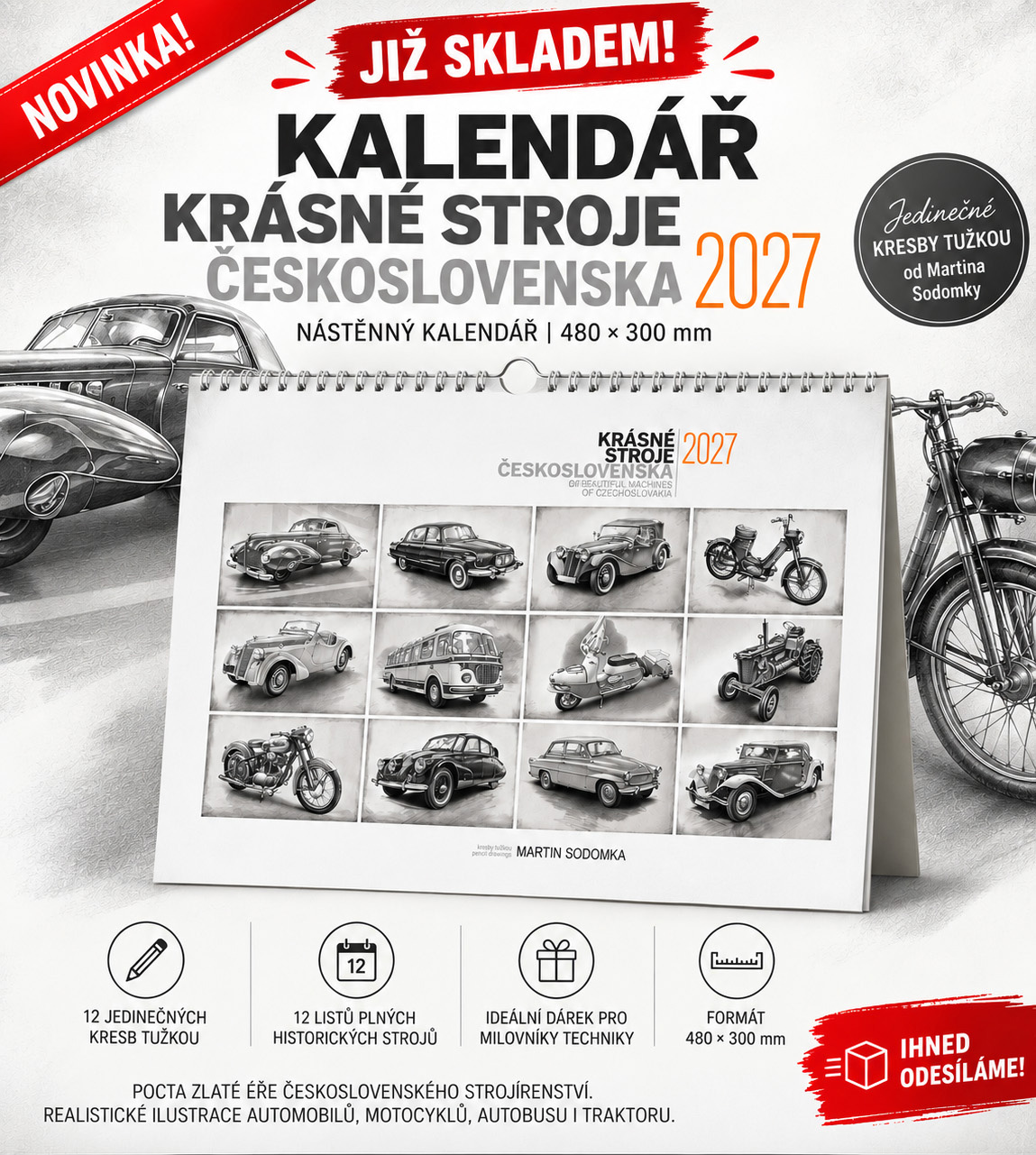 KRÁSNÉ STROJE ČESKOSLOVENSKA 2027 - Nástěnný měsíční kalendář velikost 480 x 300 mm