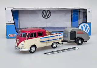 VW T1 double cabin s přívěsem  - Tmavě červená/béžová Motormax 1:24_